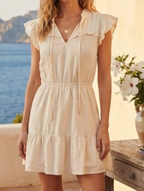 mine Dresses & Skirts - Mine Cream Lace-Trim Tiered Mini Dress